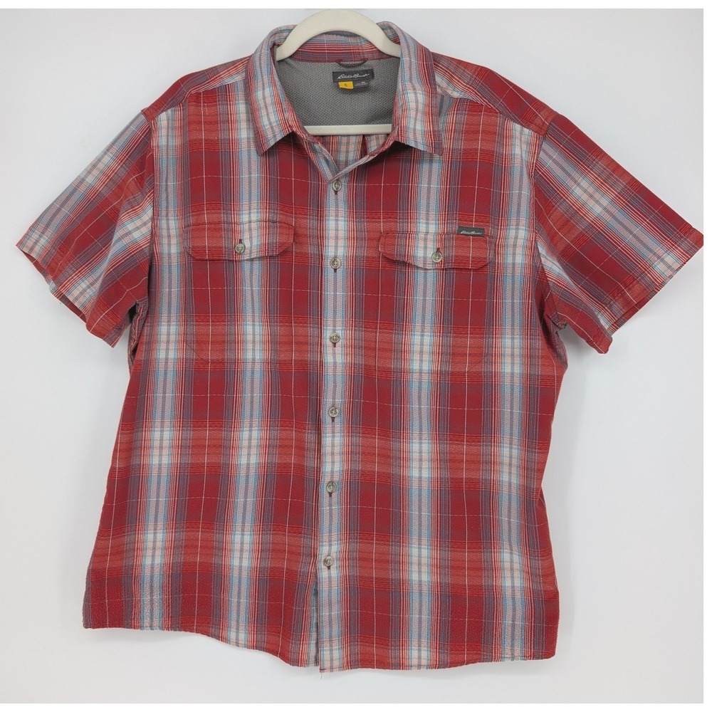 Eddie Bauer First Ascent Plaid Button Front Shirt Men XL Red Short Sleeve Hiking